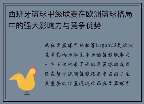 西班牙篮球甲级联赛在欧洲篮球格局中的强大影响力与竞争优势